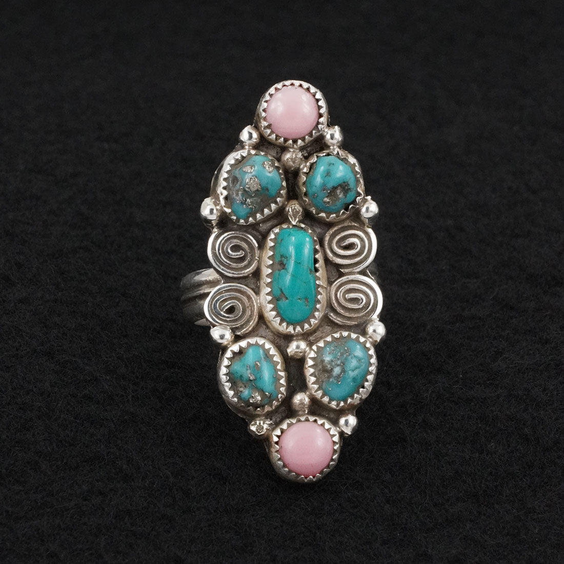 Priscilla Reeder Turquoise, Pink Conch & Sterling Silver Ring Adjustable