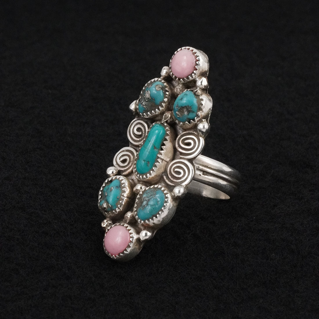 Priscilla Reeder Turquoise, Pink Conch & Sterling Silver Ring Adjustable