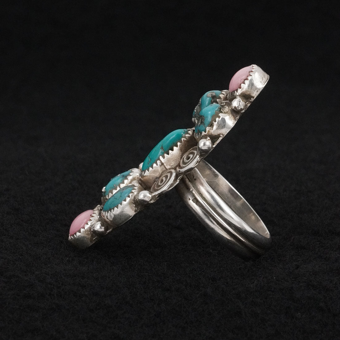 Priscilla Reeder Turquoise, Pink Conch & Sterling Silver Ring Adjustable