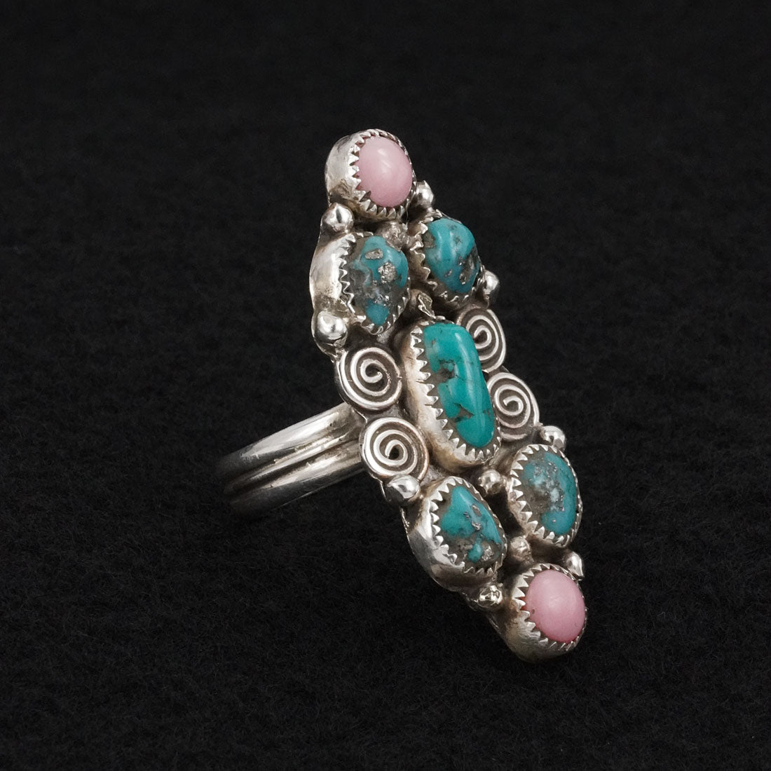 Priscilla Reeder Turquoise, Pink Conch & Sterling Silver Ring Adjustable