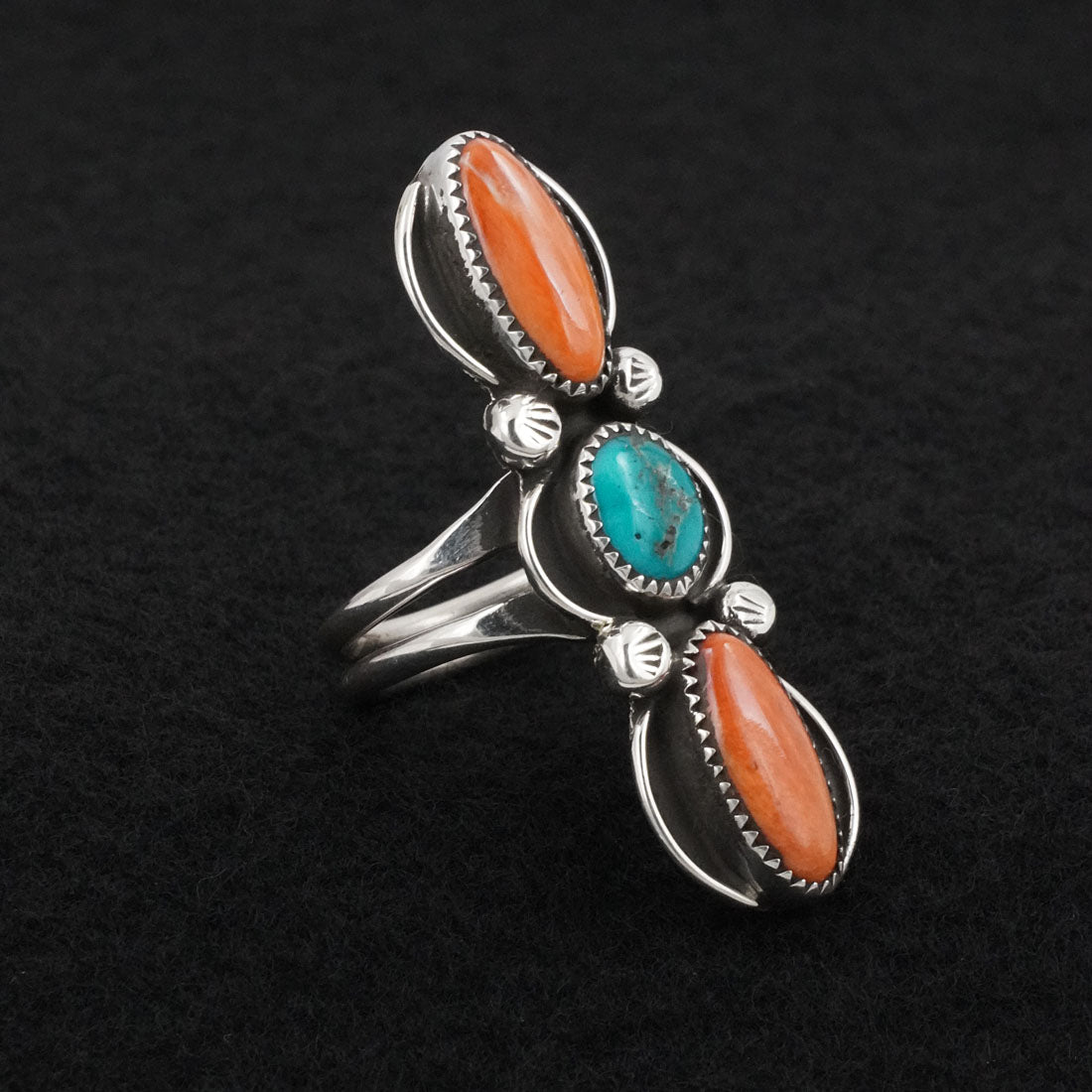 Priscilla Reeder Turquoise, Spiny Oyster & Sterling Silver Ring Sz. 7.5