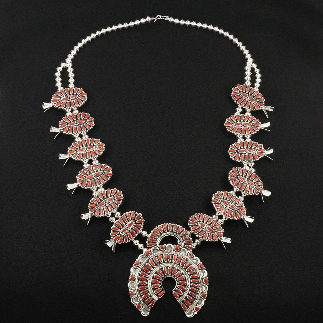 Justina Wilson Coral & Sterling Silver Squash Blossom Set