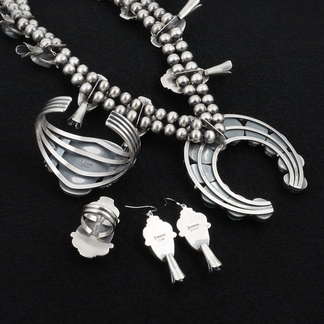 Derrick Gordon Turquoise & Sterling Silver Squash Blossom Set