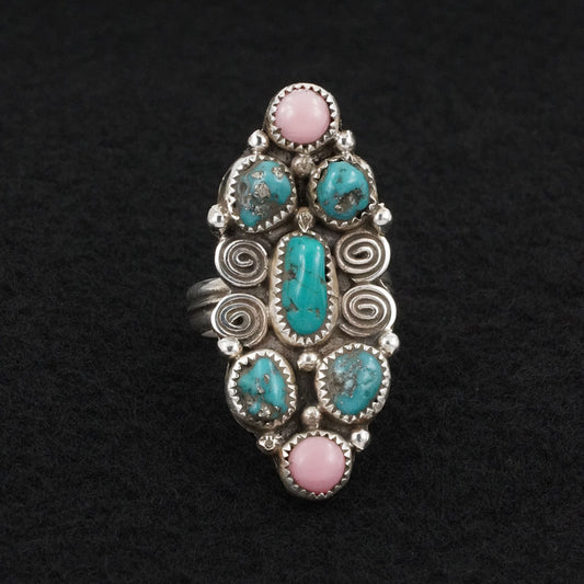 Priscilla Reeder Turquoise, Pink Conch & Sterling Silver Ring Adjustable