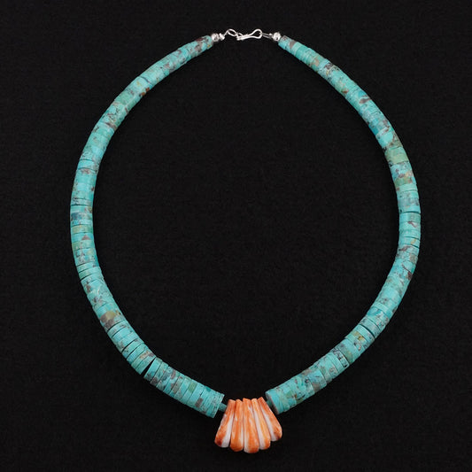 Lupe Lavato Turquoise, Spiny Oyster & Sterling Silver Necklace 20"