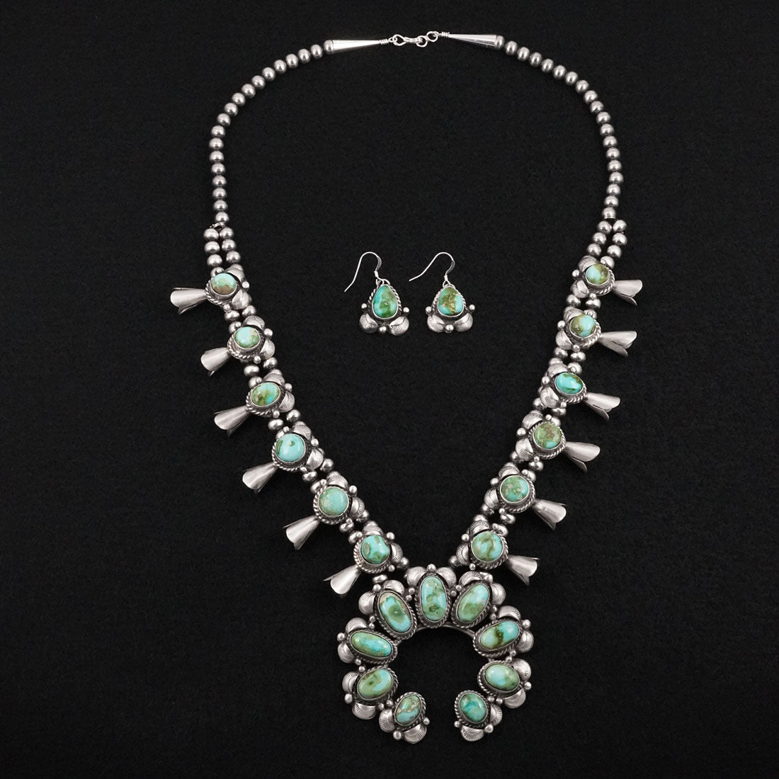 Vernon Johnson Turquoise & Sterling Silver Squash Blossom Set
