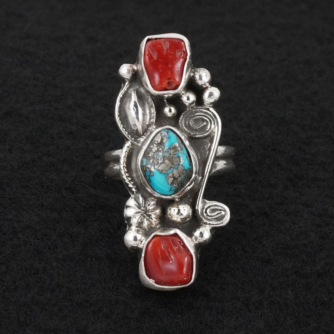 Priscilla Reeder Turquoise, Coral & Sterling Silver Ring Size 8