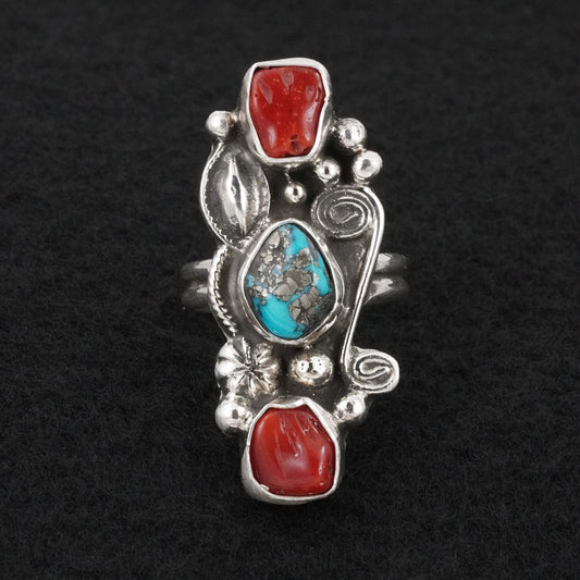 Priscilla Reeder Turquoise, Coral & Sterling Silver Ring Size 8
