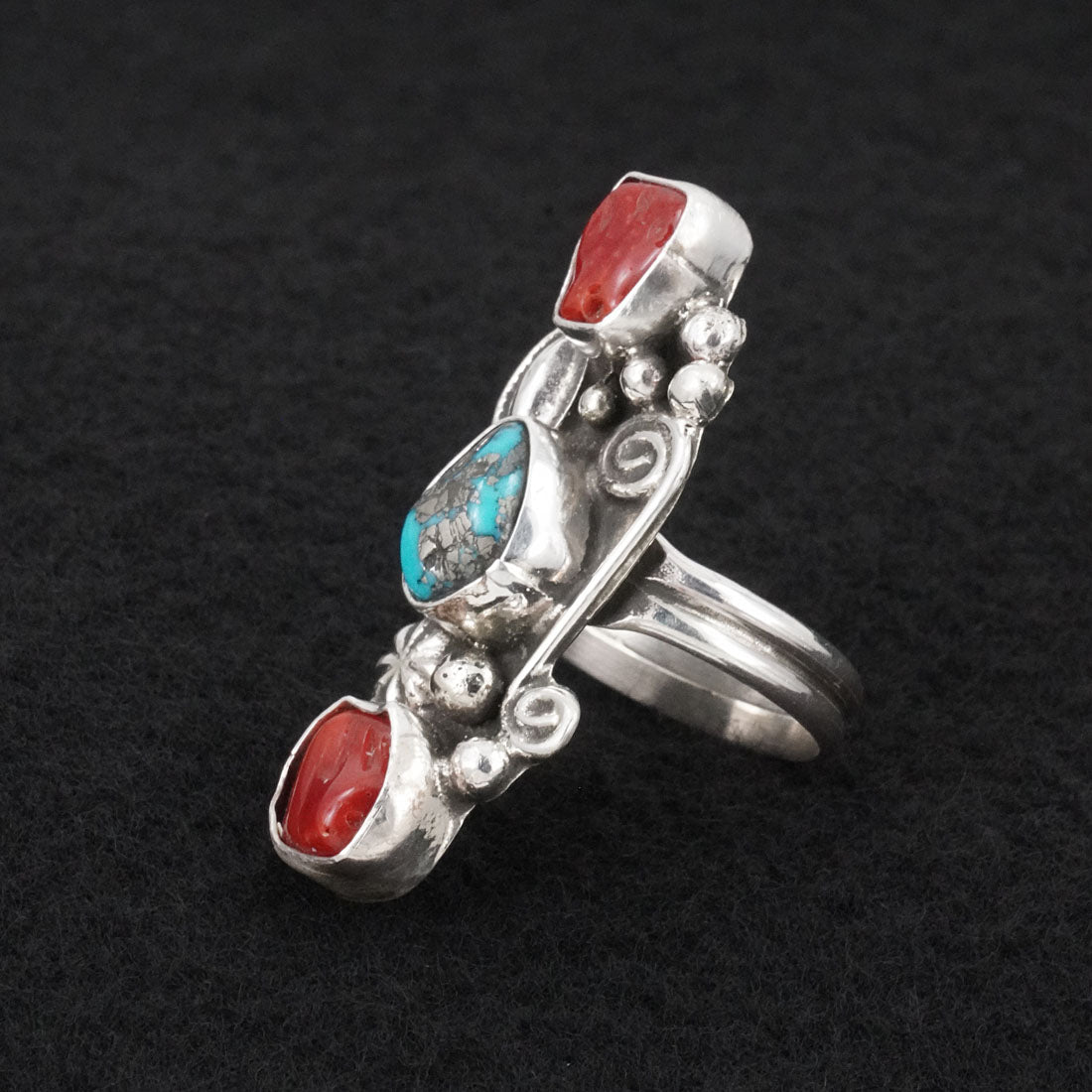 Priscilla Reeder Turquoise, Coral & Sterling Silver Ring Size 8