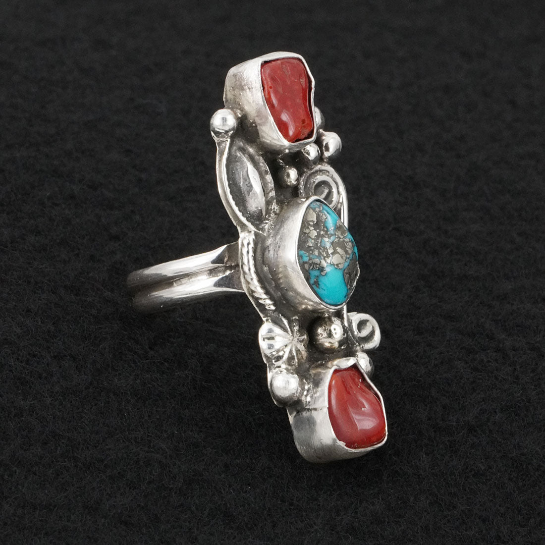 Priscilla Reeder Turquoise, Coral & Sterling Silver Ring Size 8