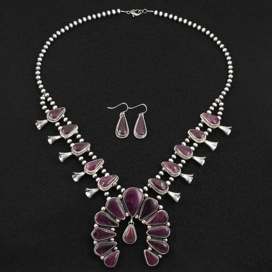 Kathleen Livingston Spiny Oyster & Sterling Silver Squash Blossom Necklace & Earrings