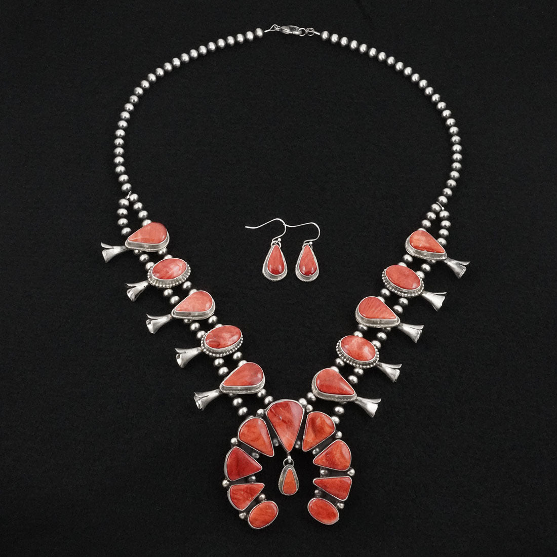 Kathleen Livingston Spiny Oyster & Sterling Silver Squash Blossom Necklace & Earrings