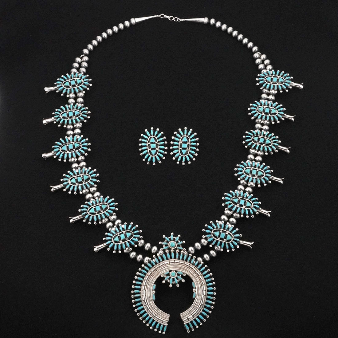 Evonne Hustito Turquoise & Sterling Silver Squash Blossom Set