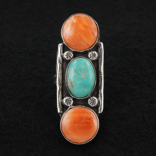 Priscilla Reeder Turquoise, Spiny Oyster & Sterling Silver Ring Size 7.5