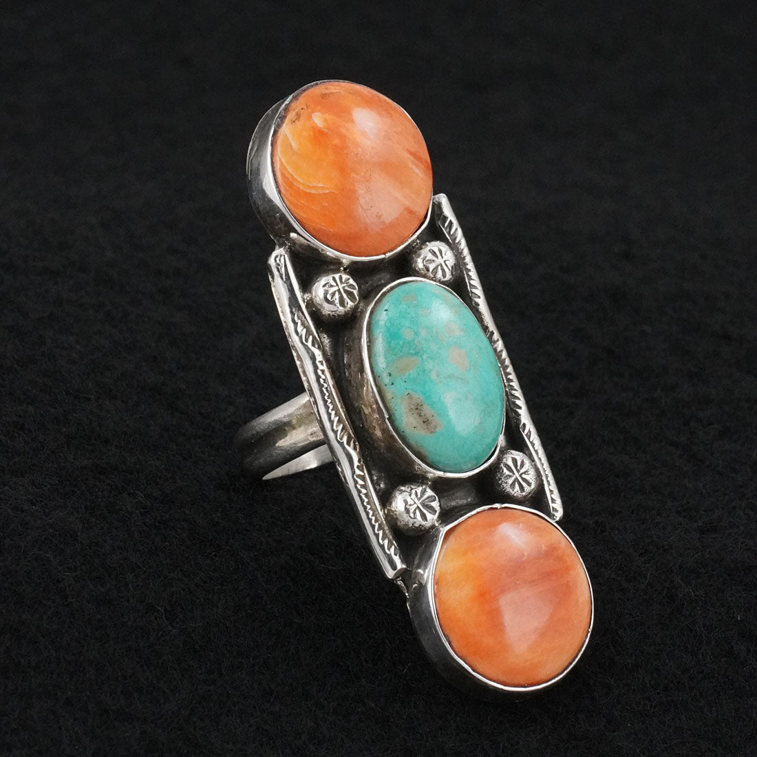Priscilla Reeder Turquoise, Spiny Oyster & Sterling Silver Ring Size 7.5