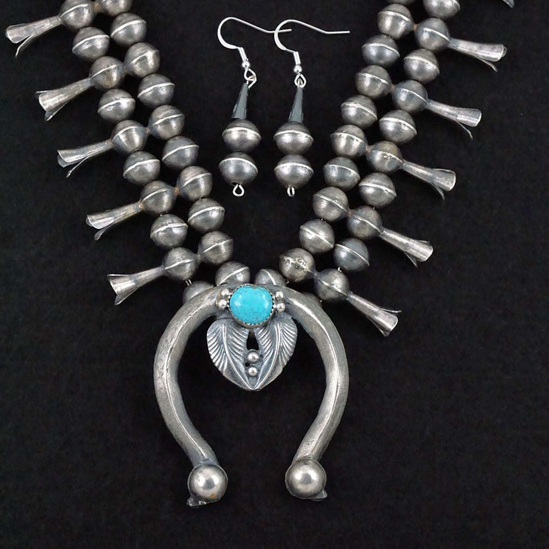 Gilbert Martin Turquoise & Sterling Silver Squash Blossom Necklace & Earrings