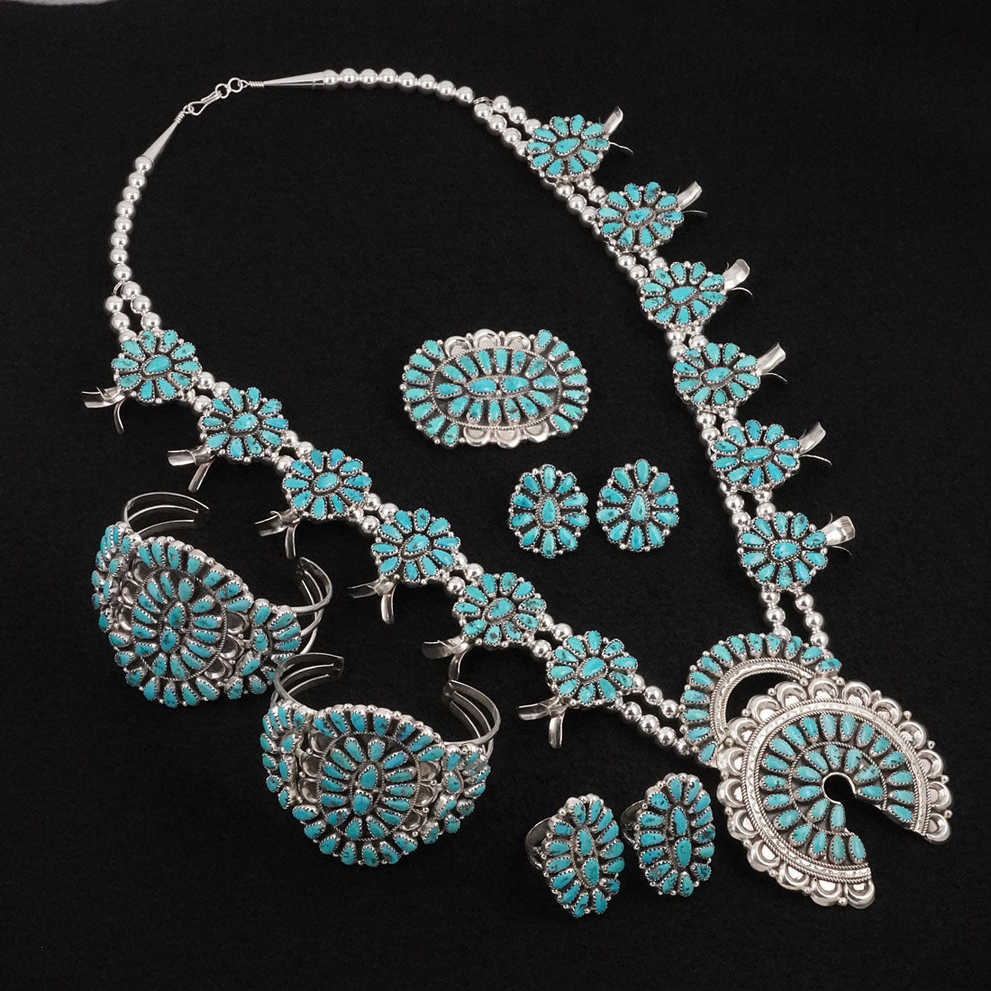 Justina Wilson Turquoise & Sterling Silver Squash Blossom Set