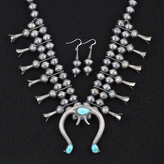 Gilbert Martin Turquoise & Sterling Silver Squash Blossom Necklace & Earrings