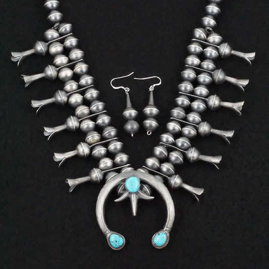 Gilbert Martin Turquoise & Sterling Silver Squash Blossom Necklace & Earrings