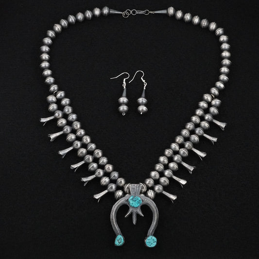 Gilbert Martin Turquoise & Sterling Silver Squash Blossom Necklace Set