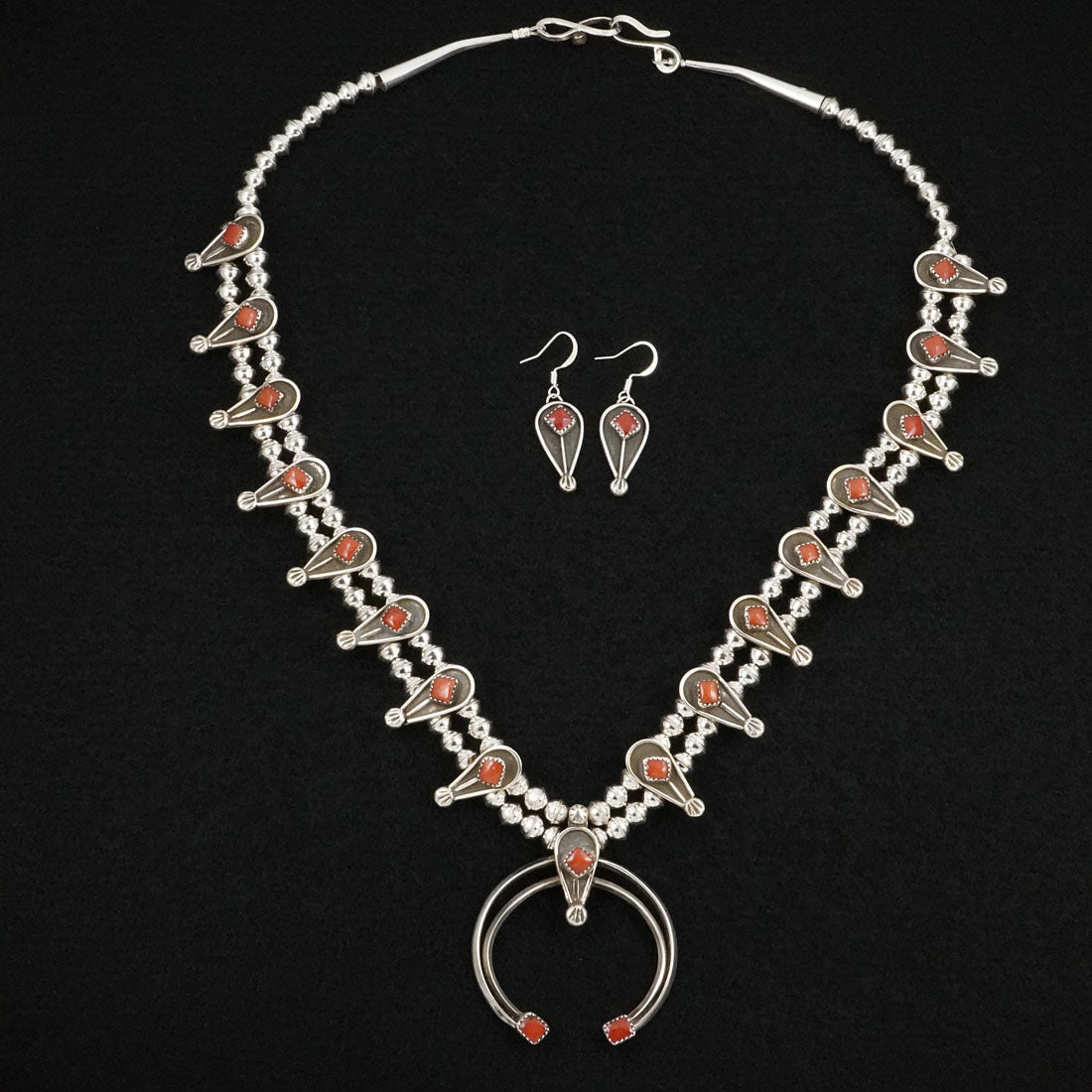 Priscilla Reeder Coral & Sterling Silver Squash Blossom Necklace & Earrings