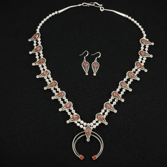 Priscilla Reeder Coral & Sterling Silver Squash Blossom Necklace & Earrings