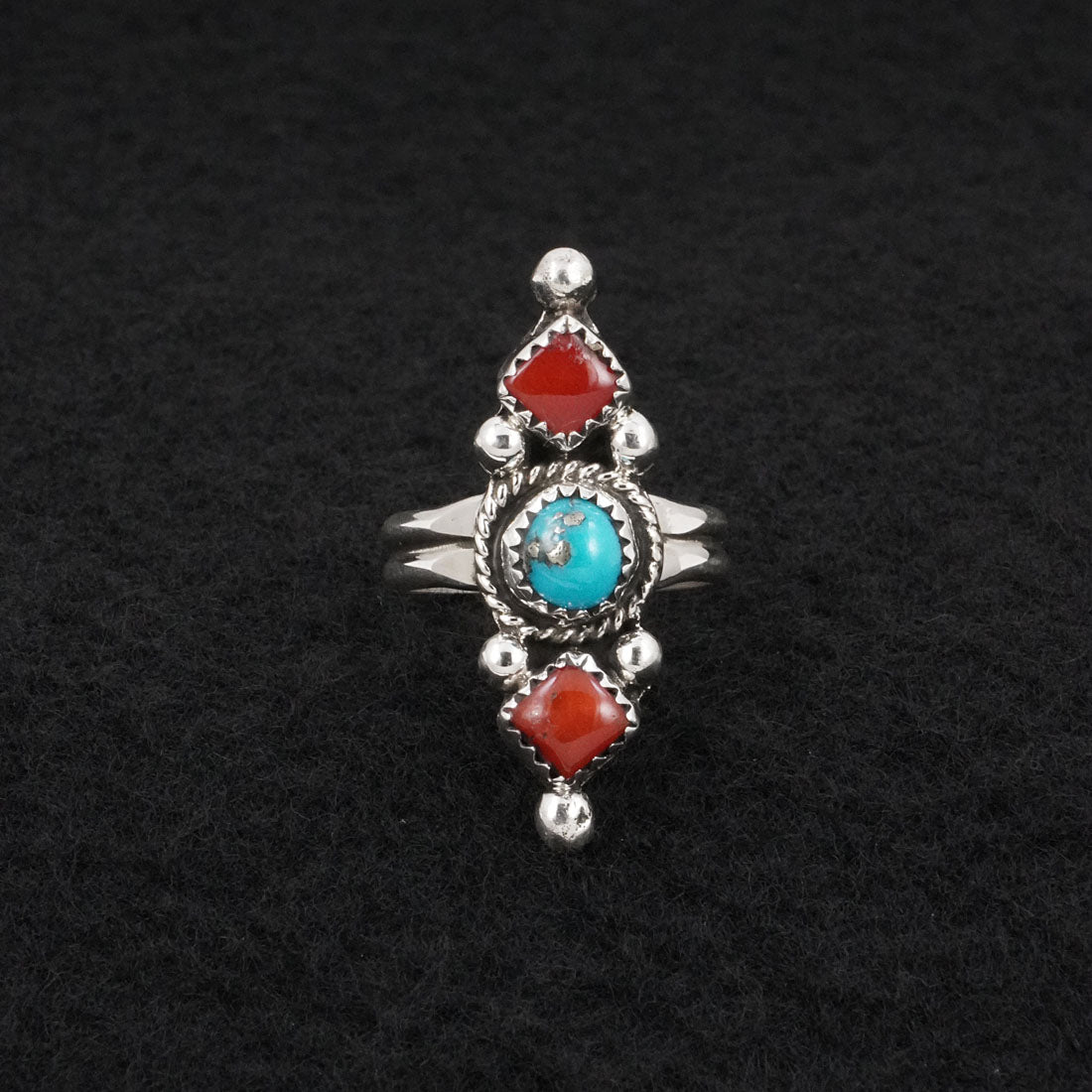 Priscilla Reeder Turquoise, Coral & Sterling Silver Ring Size 7.5