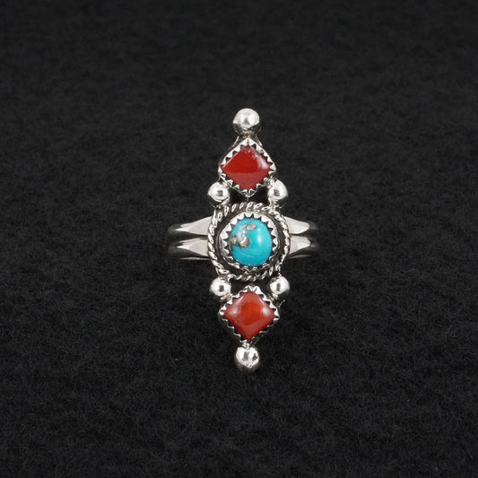 Priscilla Reeder Turquoise, Coral & Sterling Silver Ring Size 7.5