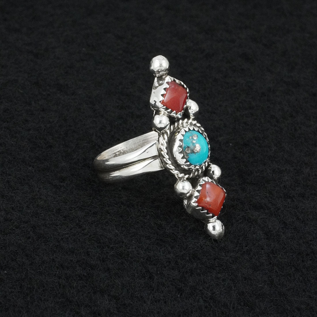 Priscilla Reeder Turquoise, Coral & Sterling Silver Ring Size 7.5
