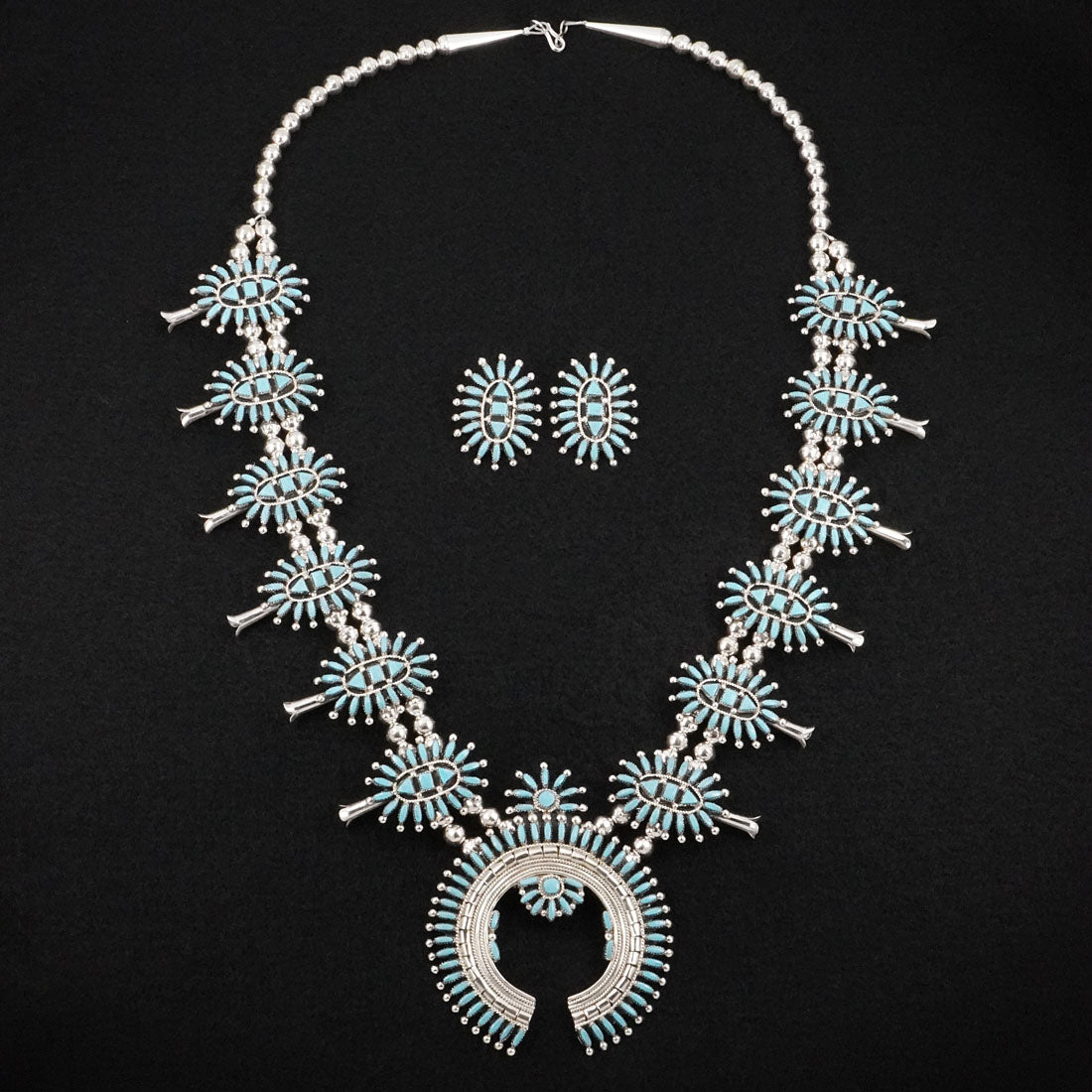 Evonne Hustito Turquoise & Sterling Silver Squash Blossom Set