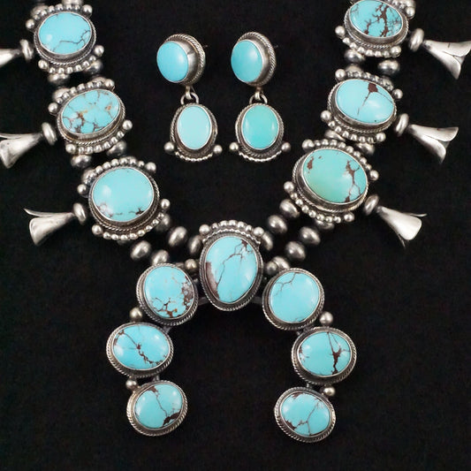 Kathleen Chavez Turquoise & Sterling Silver Squash Blossom Necklace & Earrings