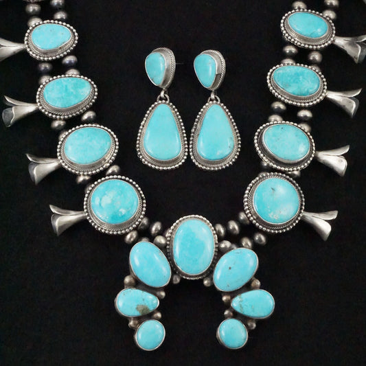 Kathleen Chavez Turquoise & Sterling Silver Squash Blossom Necklace & Earrings