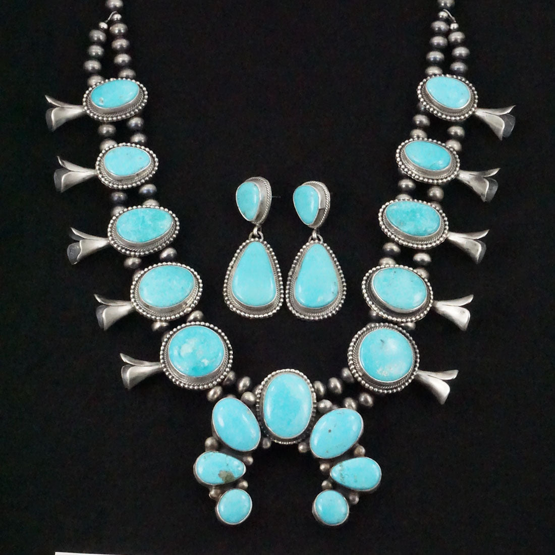 Kathleen Chavez Turquoise & Sterling Silver Squash Blossom Necklace & Earrings