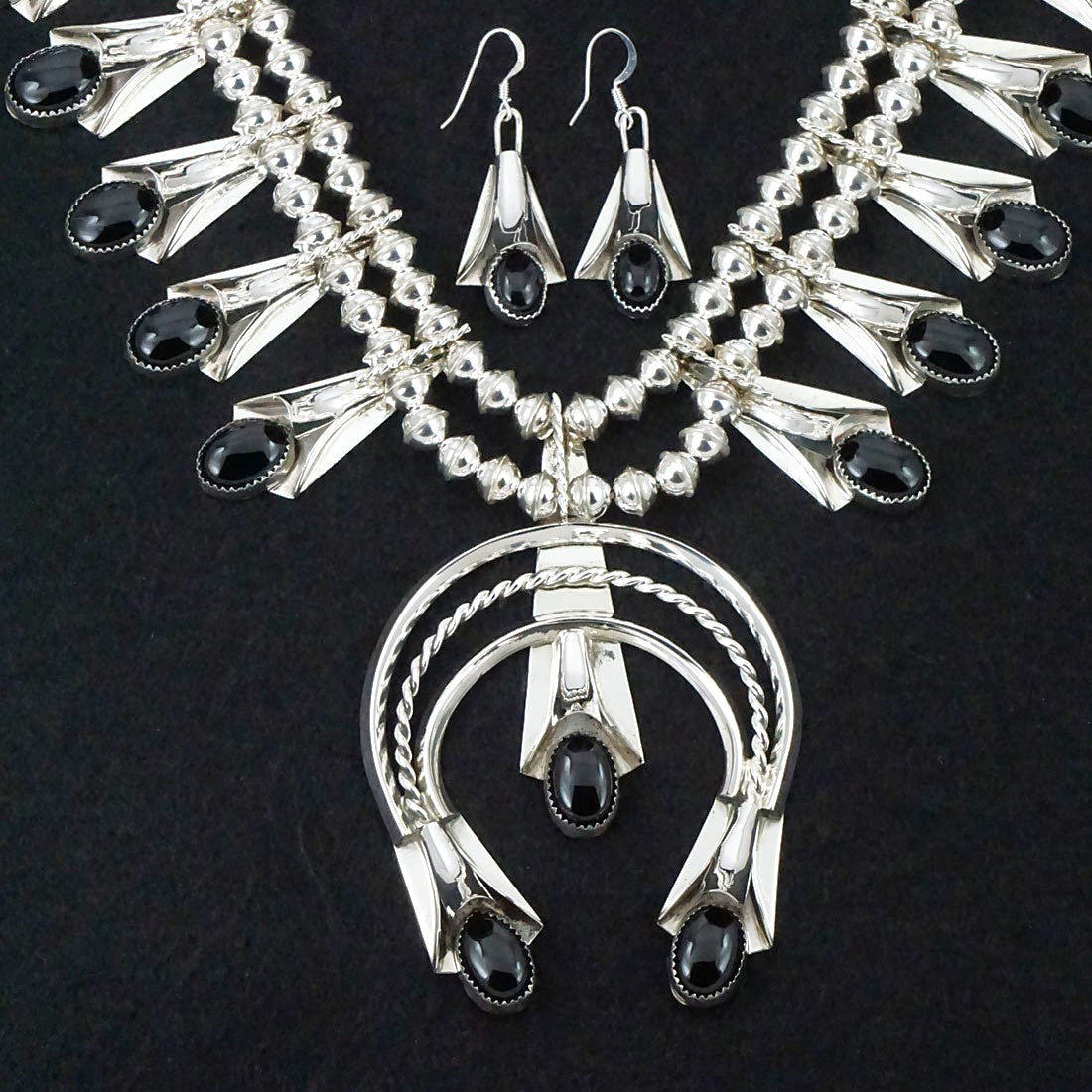 Louise Yazzie Onyx & Sterling Silver Squash Blossom Necklace & Earrings