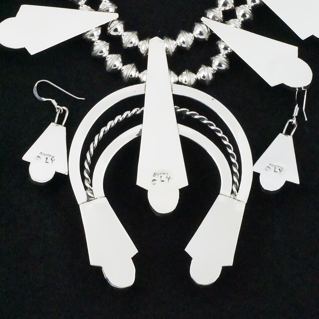 Louise Yazzie Onyx & Sterling Silver Squash Blossom Necklace & Earrings