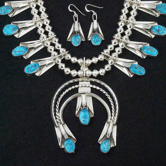 Louise Yazzie Turquoise & Sterling Silver Squash Blossom Necklace & Earrings