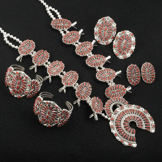Justina Wilson Coral & Sterling Silver Squash Blossom Set