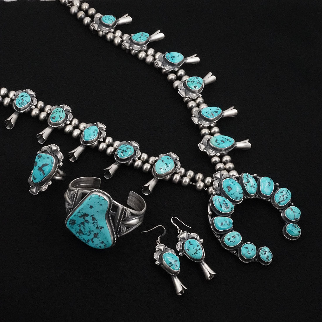 Derrick Gordon Turquoise & Sterling Silver Squash Blossom Set