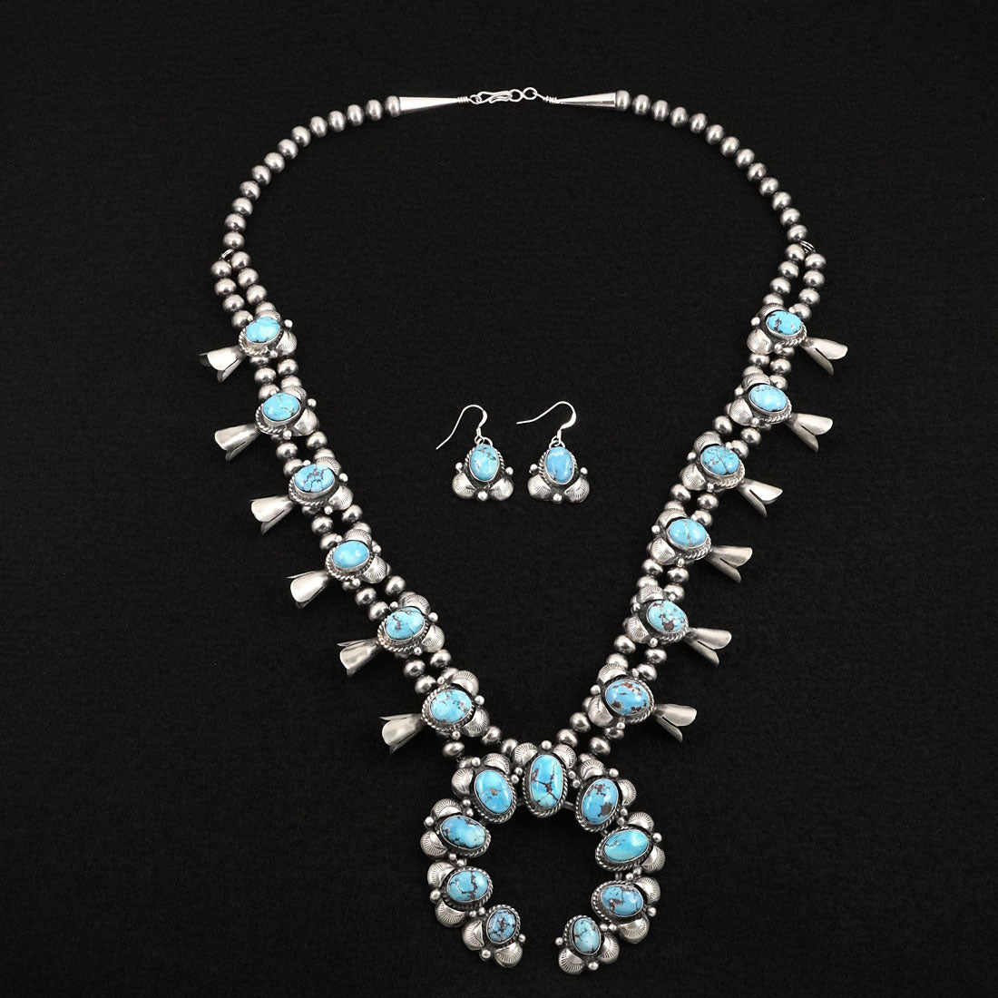Vernon Johnson Turquoise & Sterling Silver Squash Blossom Set