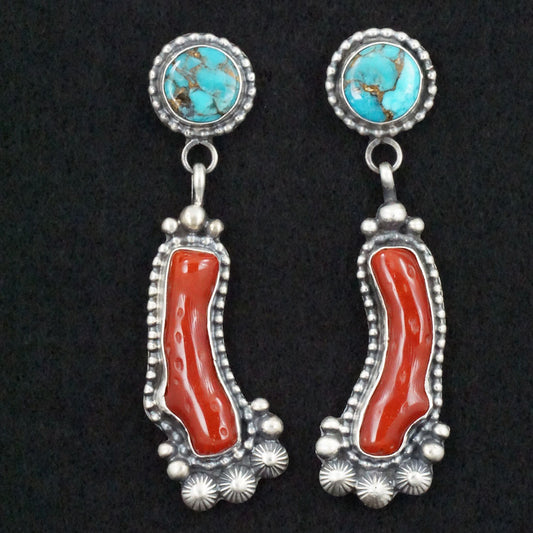 Tom Lewis Coral, Turquoise & Sterling Silver Earrings