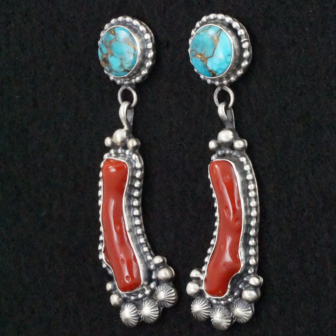 Tom Lewis Coral, Turquoise & Sterling Silver Earrings