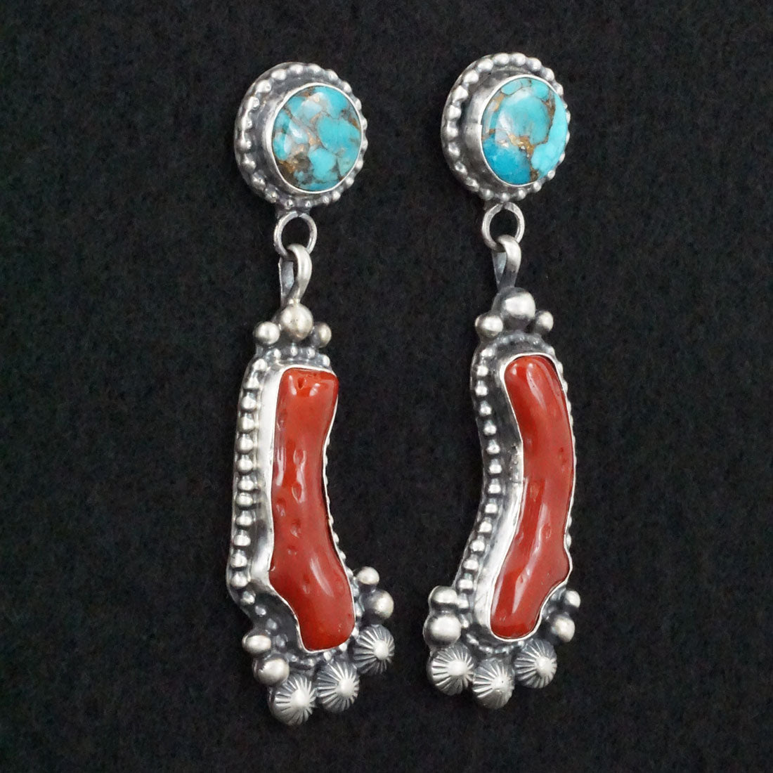 Tom Lewis Coral, Turquoise & Sterling Silver Earrings