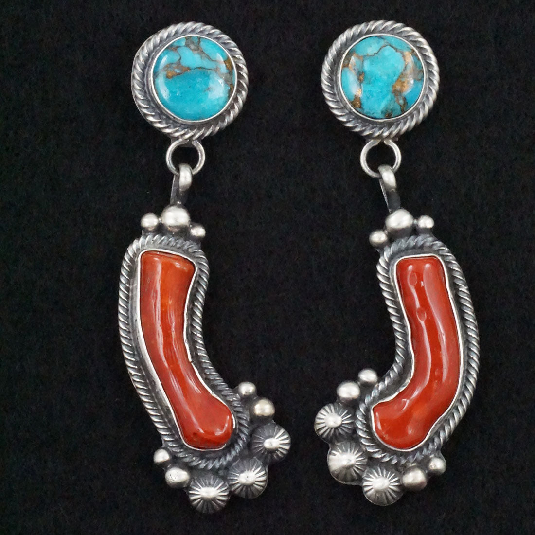 Tom Lewis Coral, Turquoise & Sterling Silver Earrings