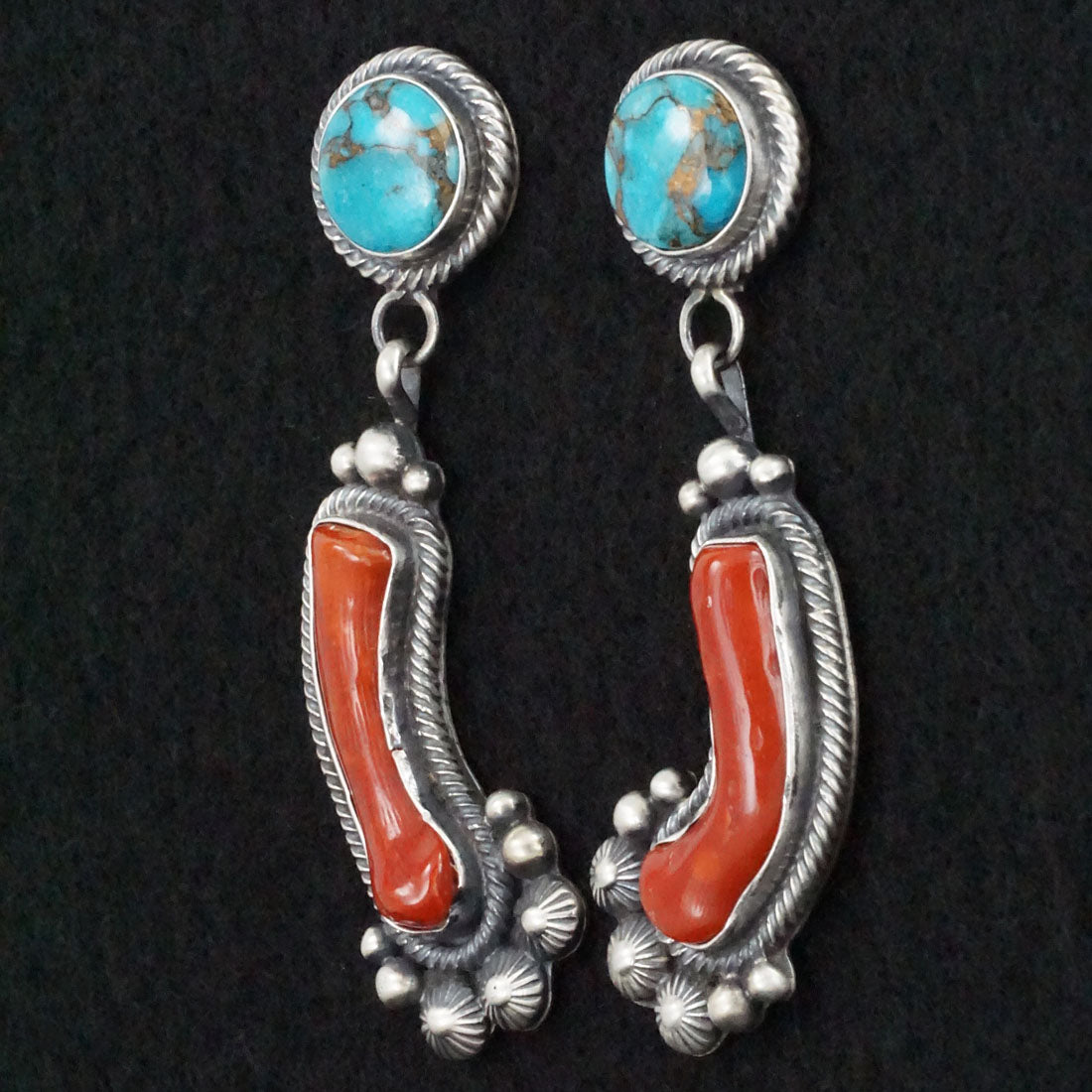 Tom Lewis Coral, Turquoise & Sterling Silver Earrings