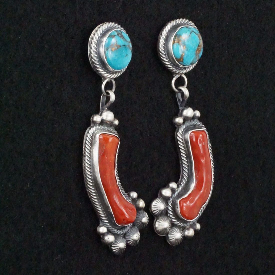 Tom Lewis Coral, Turquoise & Sterling Silver Earrings