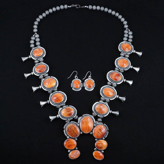 Paul Livingston Spiny Oyster & Sterling Silver Squash Blossom Set