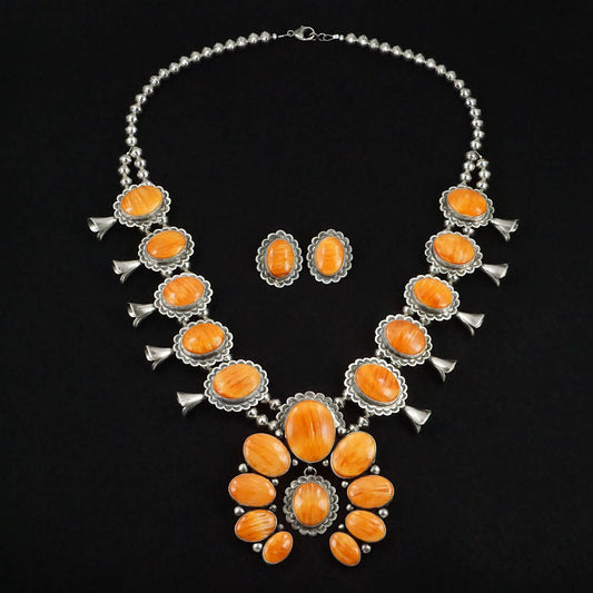 Mark Yazzie Spiny Oyster & Sterling Silver Squash Blossom Set