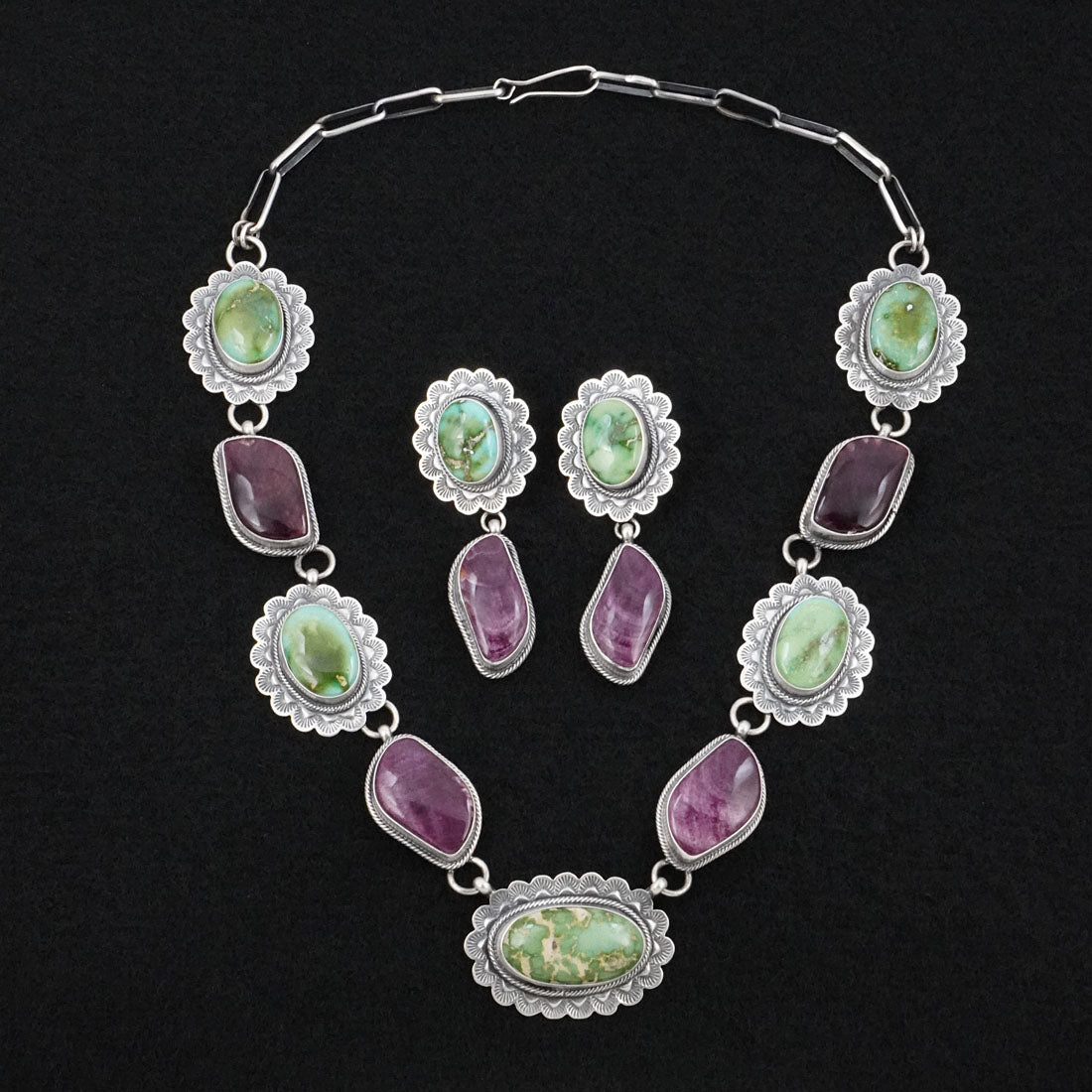 Mark Yazzie Turquoise, Spiny Oyster & Sterling Silver Necklace Set