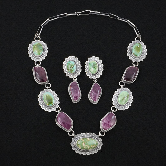 Mark Yazzie Turquoise, Spiny Oyster & Sterling Silver Necklace Set