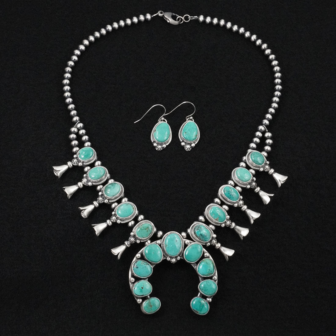 Bobby Johnson Turquoise & Sterling Silver Squash Blossom Set